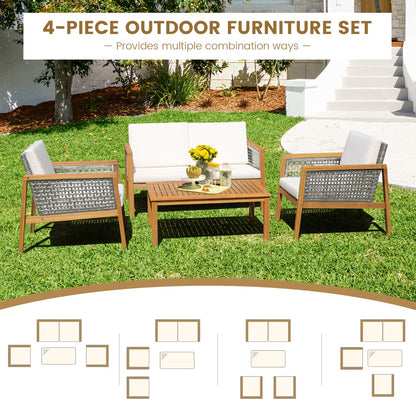 Costway 4-Piece Patio Acacia Wood Furniture Set with Cushions for outdoors-Off White