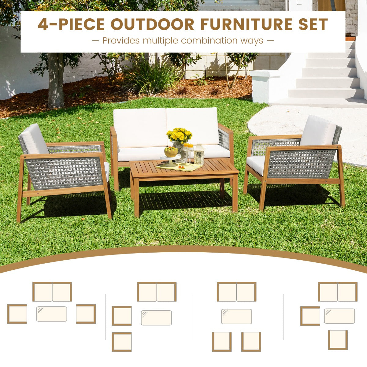 Outdoor sofa set with reinforced crossbars for stable, long-lasting backyard seating