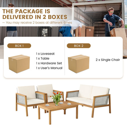 Costway 4-Piece Patio Acacia Wood Furniture Set with Cushions for outdoors-Off White