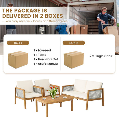 Four-piece outdoor furniture set includes one loveseat, two chairs, table, and cushions