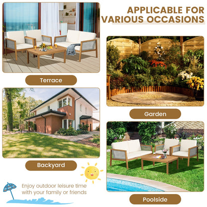 Costway 4-Piece Patio Acacia Wood Furniture Set with Cushions for outdoors-Off White