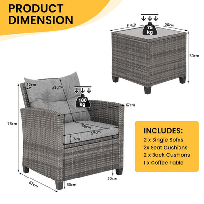 Three-piece gray patio rattan sofa set with two cushioned single sofas, tempered glass coffee table, and steel structure