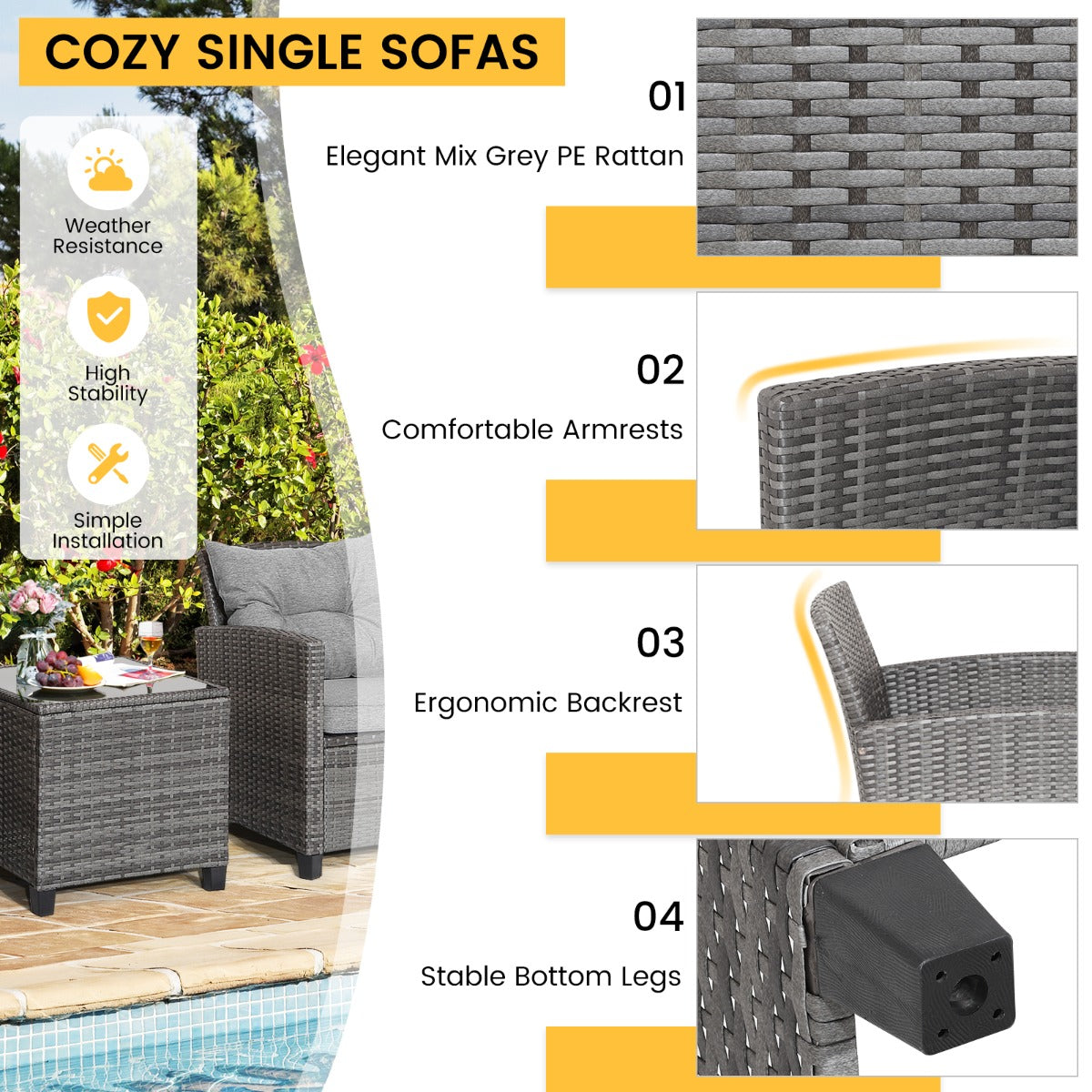 Weather-resistant PE rattan creates an elegant finish suitable for gardens, balconies, backyards, and poolside areas