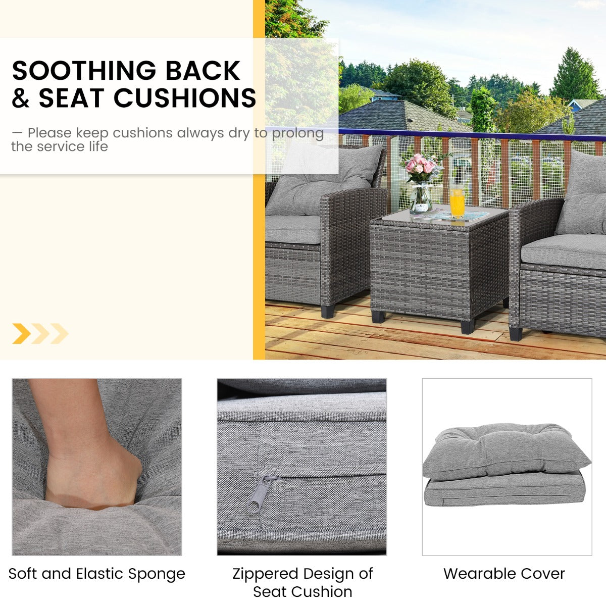 Three-piece rattan seating set creates a relaxing outdoor space for couples, families, and friendly gatherings