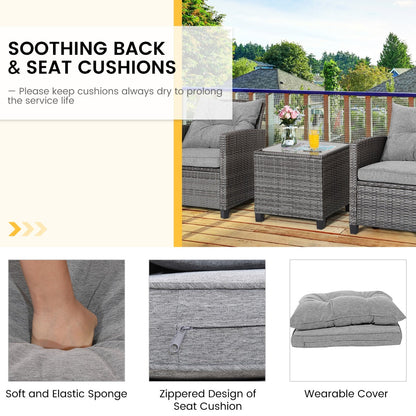 Three-piece rattan seating set creates a relaxing outdoor space for couples, families, and friendly gatherings
