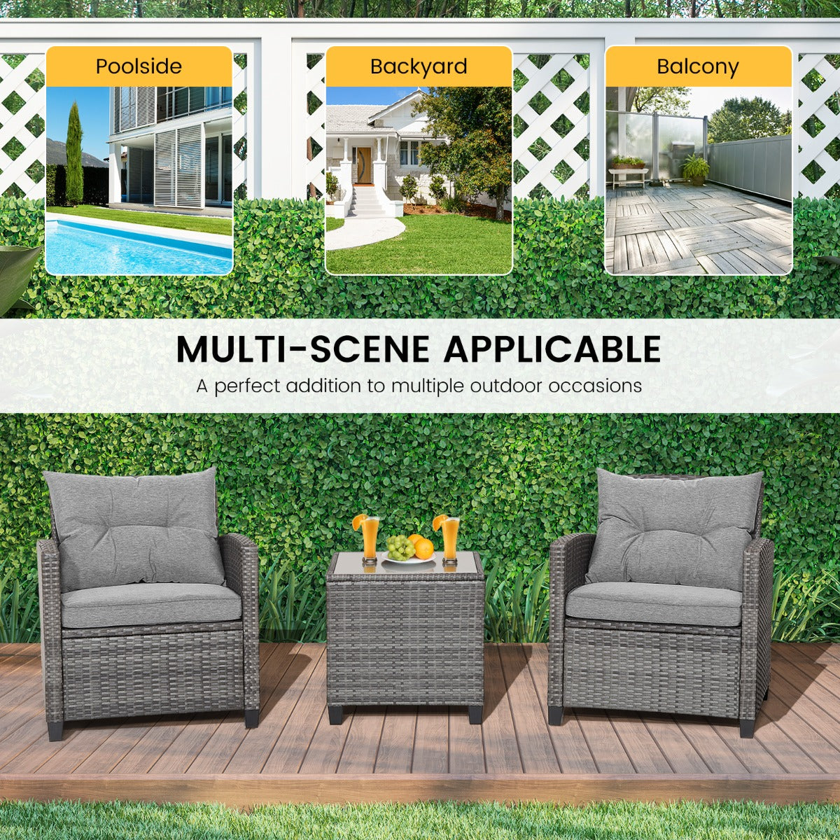 High-elasticity cushions provide comfortable outdoor seating while zippered covers remove easily for washing
