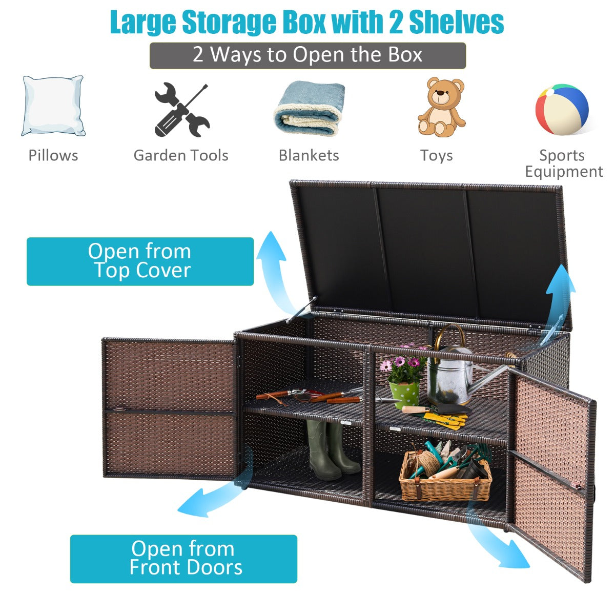 0.33m³ Patio Rattan Storage Container Box with Shelf -Brown