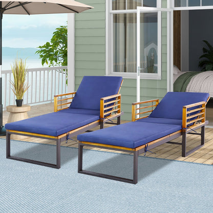 Patio Chaise Lounge Chair with Acacia Wood with Armrests for Poolside