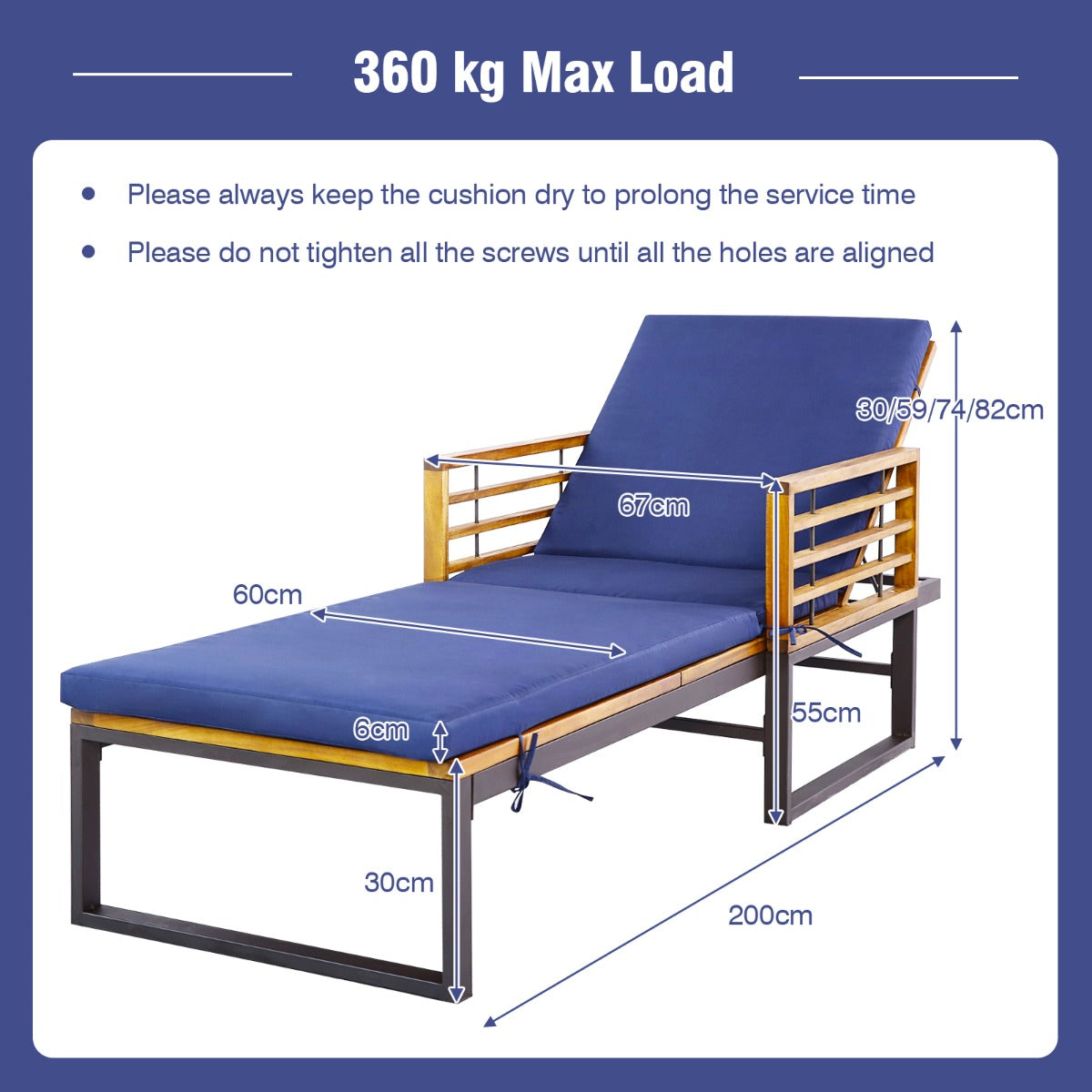 Patio Chaise Lounge Chair with Acacia Wood with Armrests for Poolside