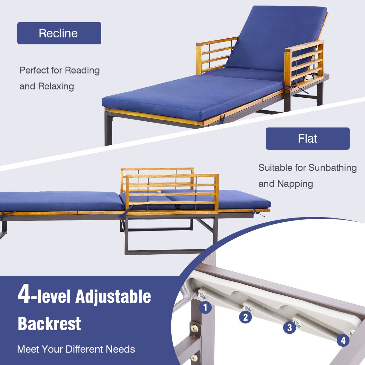 Patio Chaise Lounge Chair with Acacia Wood with Armrests for Poolside