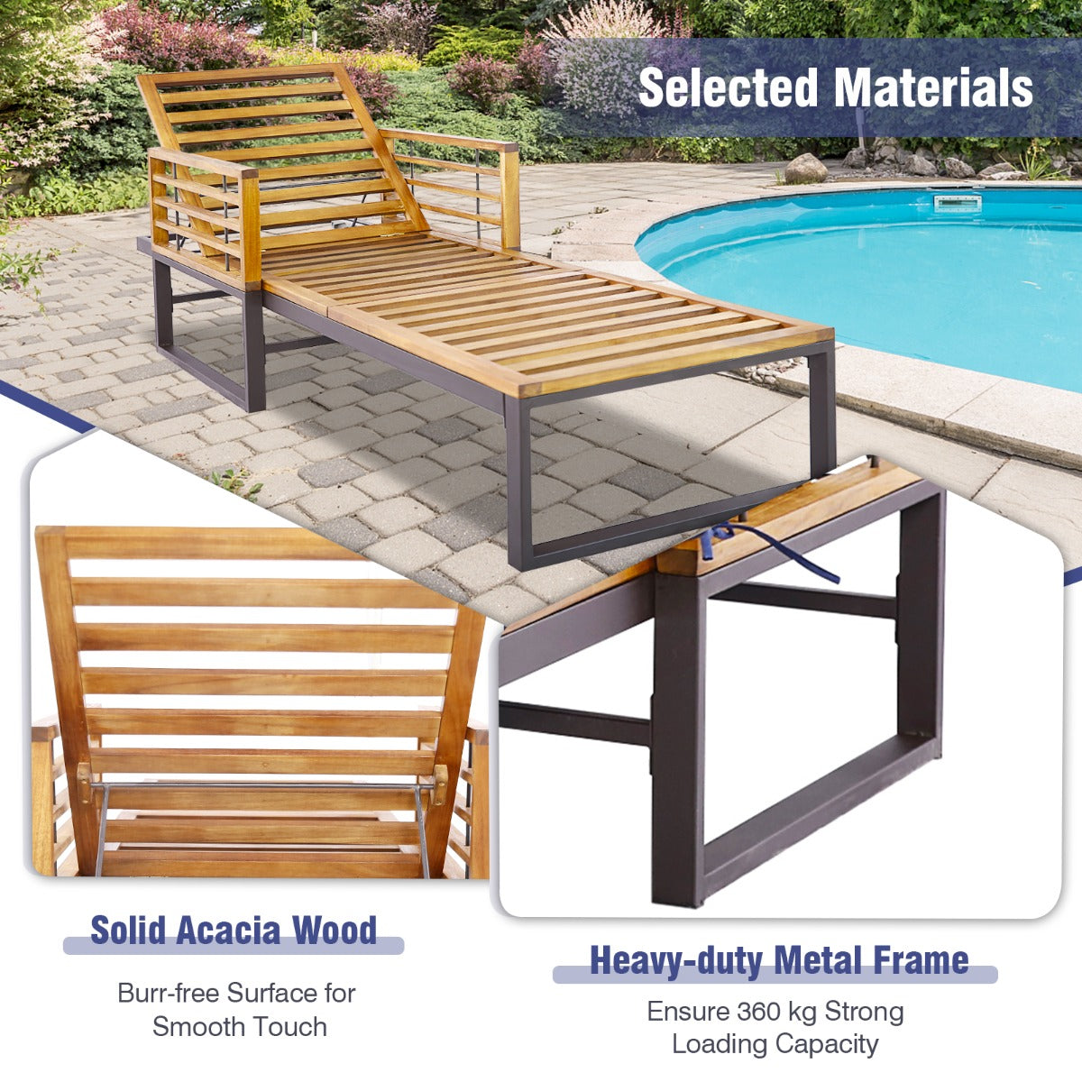 Patio Chaise Lounge Chair with Acacia Wood with Armrests for Poolside