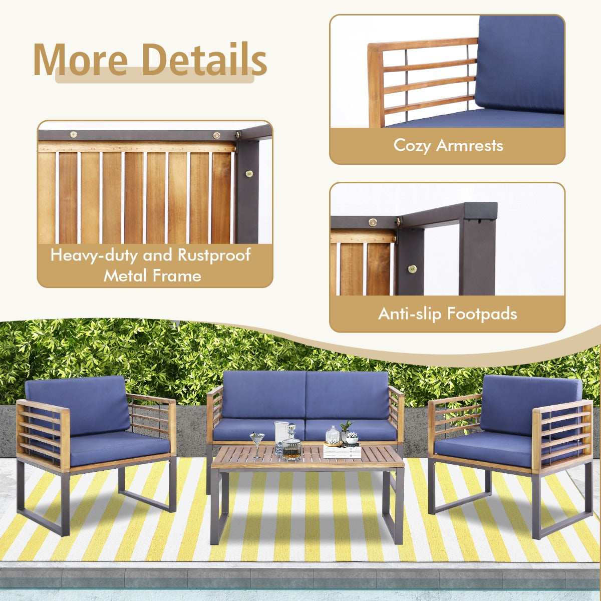 4 Piece Patio Chair Set with Soft Seat & Back Cushions for Backyard