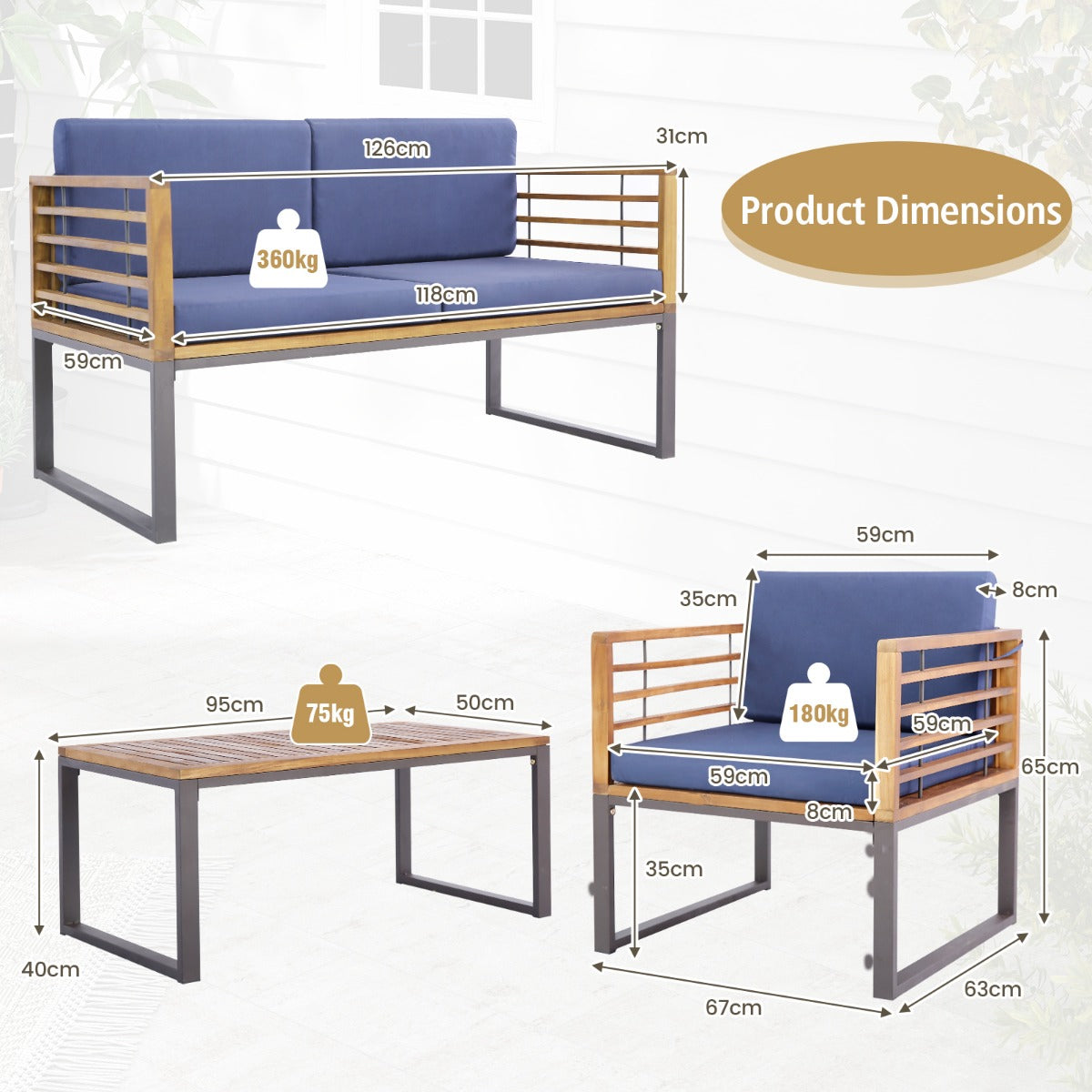 4 Piece Patio Chair Set with Soft Seat & Back Cushions for Backyard