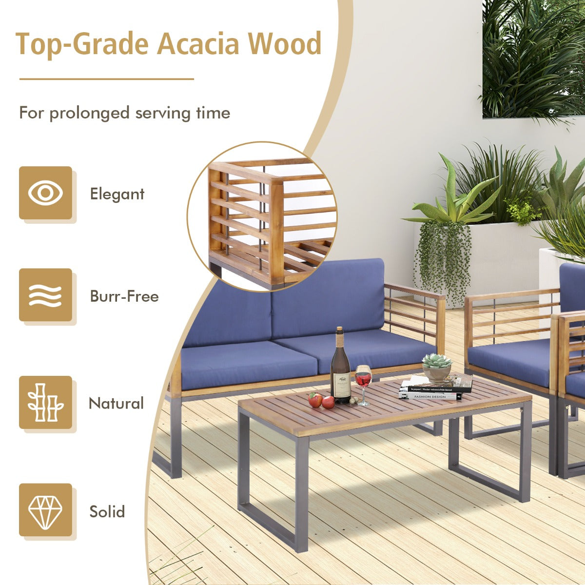 4 Piece Patio Chair Set with Soft Seat & Back Cushions for Backyard