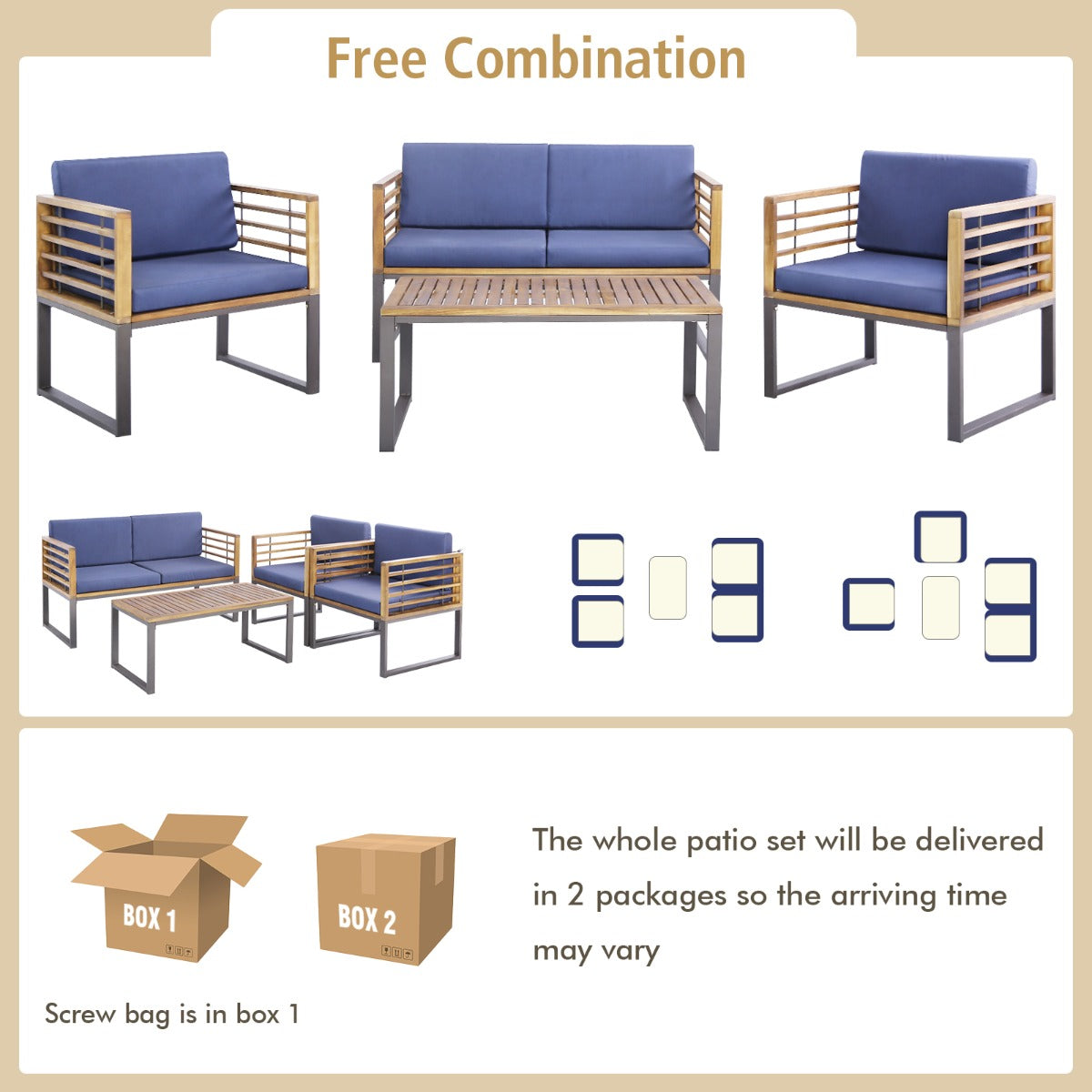 4 Piece Patio Chair Set with Soft Seat & Back Cushions for Backyard