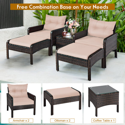 Five-piece outdoor seating set includes flexible chairs and ottomans for guests and family