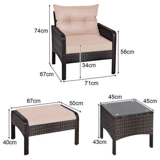 Outdoor rattan sofa set with two chairs, two ottomans, tempered glass table, and thick cushions