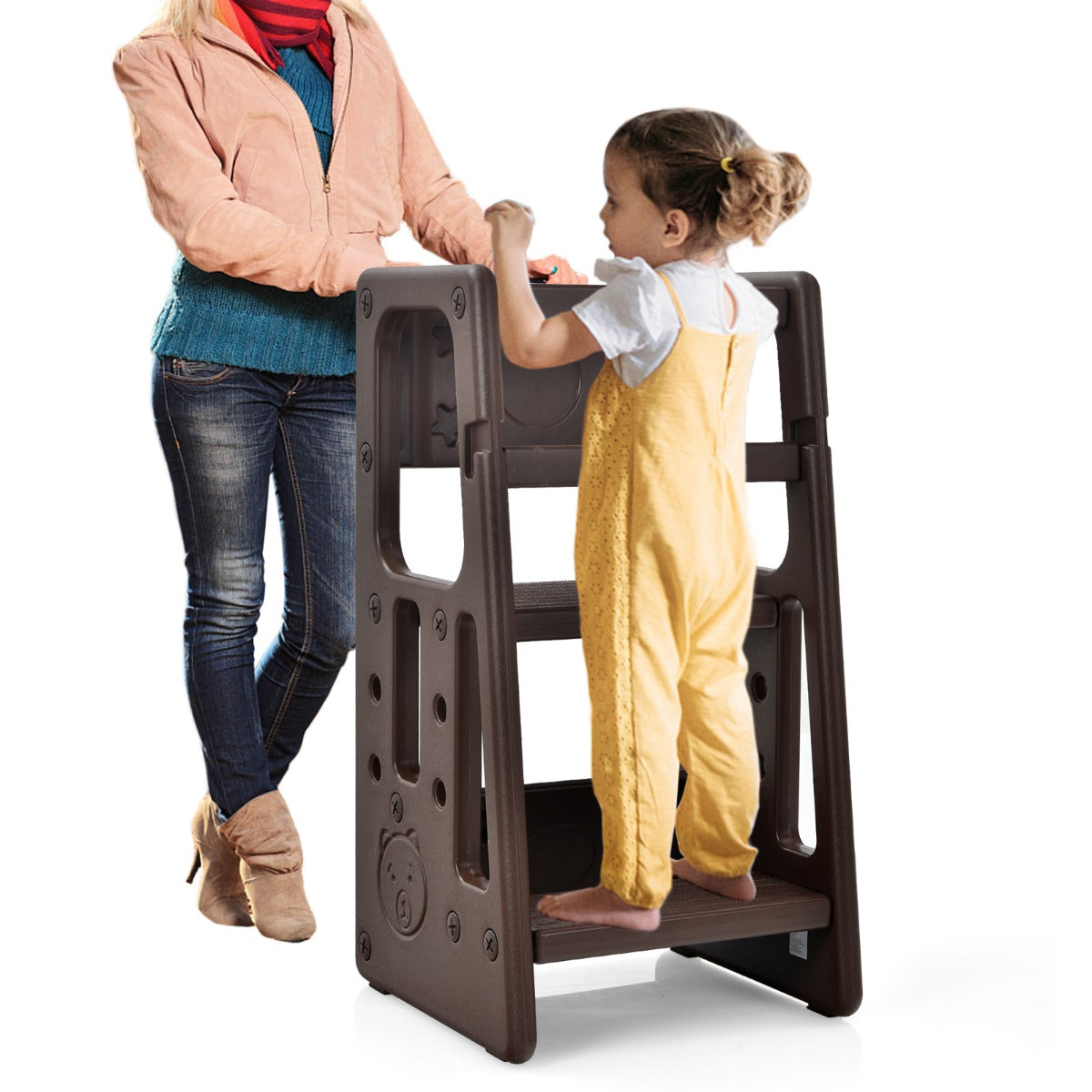 Costway Kids Step Learning Stool with Double Safety Rails for Baby-Coffee