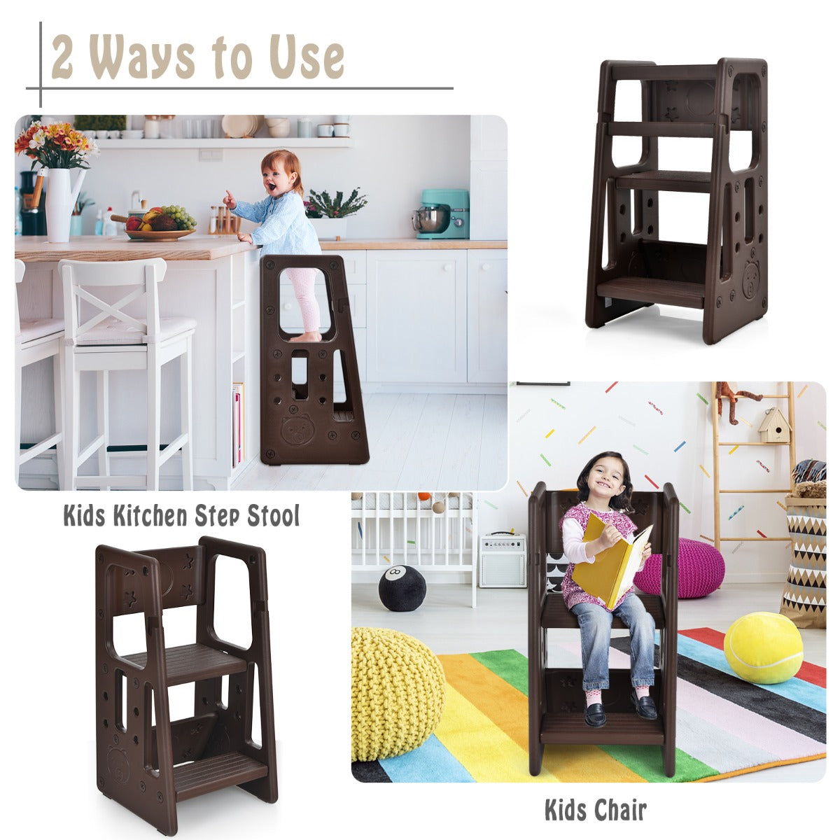 Costway Kids Step Learning Stool with Double Safety Rails for Baby-Coffee