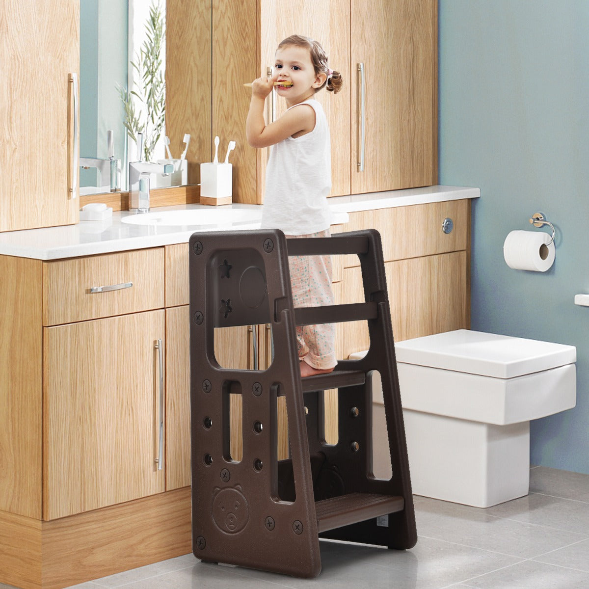 Costway Kids Step Learning Stool with Double Safety Rails for Baby-Coffee