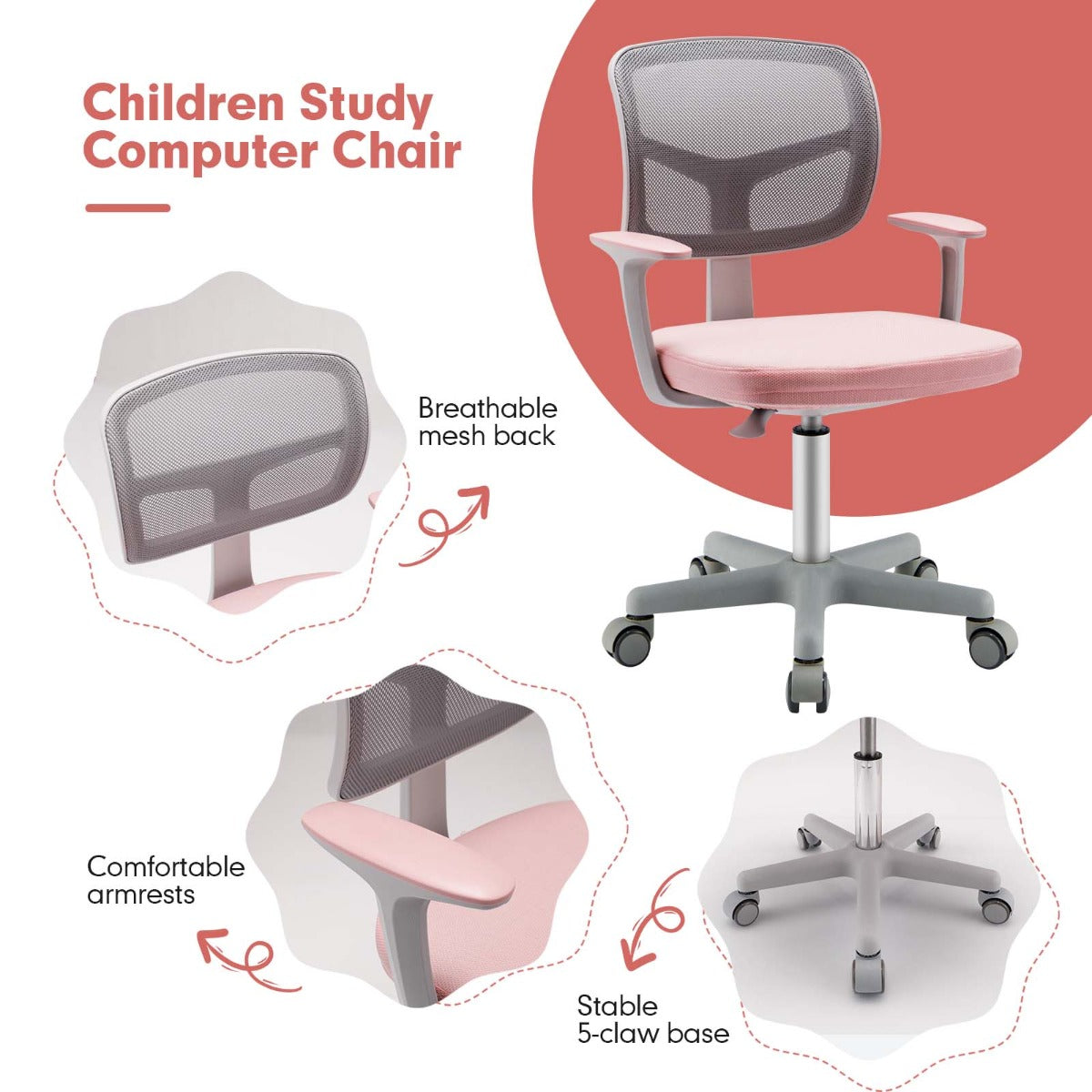 Kids Study Chair and Desk Set with Adjustable Height-Pink-Chair