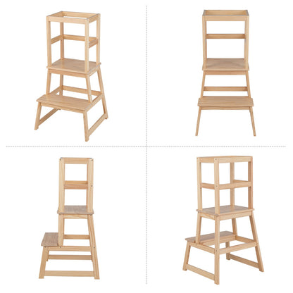 2-in-1 Wooden Kids Kitchen Step Stool with Safety Rails-Natural