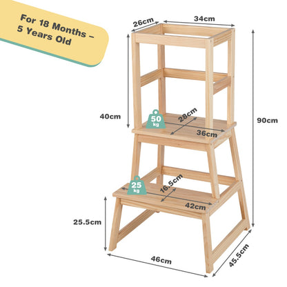 2-in-1 Wooden Kids Kitchen Step Stool with Safety Rails-Natural