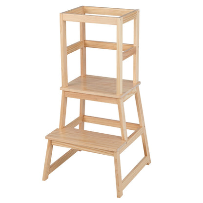 2-in-1 Wooden Kids Kitchen Step Stool with Safety Rails-Natural