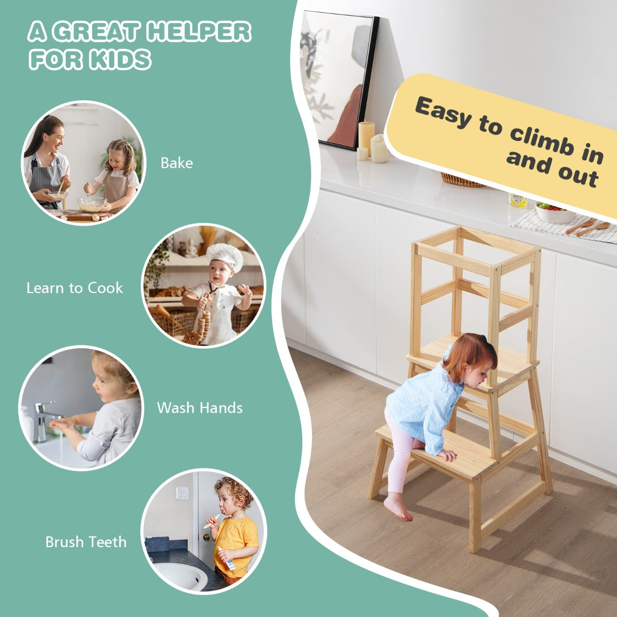 2-in-1 Wooden Kids Kitchen Step Stool with Safety Rails-Natural