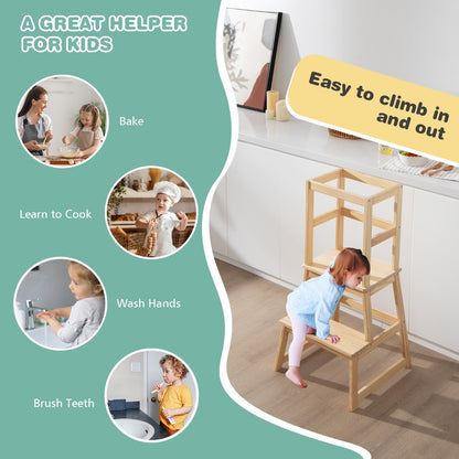 2-in-1 Wooden Kids Kitchen Step Stool with Safety Rails-Natural