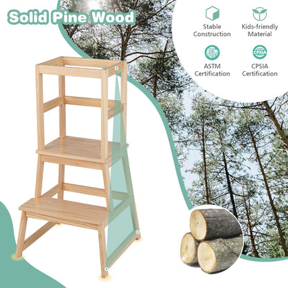 2-in-1 Wooden Kids Kitchen Step Stool with Safety Rails-Natural