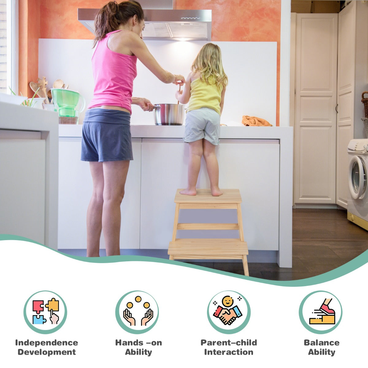 2-in-1 Wooden Kids Kitchen Step Stool with Safety Rails-Natural