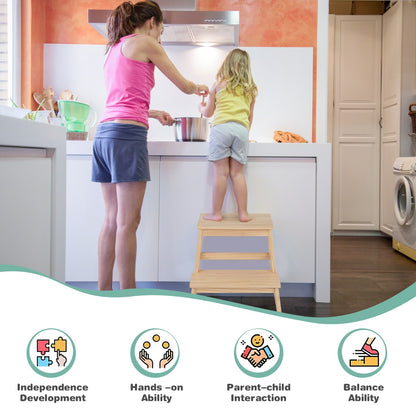 2-in-1 Wooden Kids Kitchen Step Stool with Safety Rails-Natural