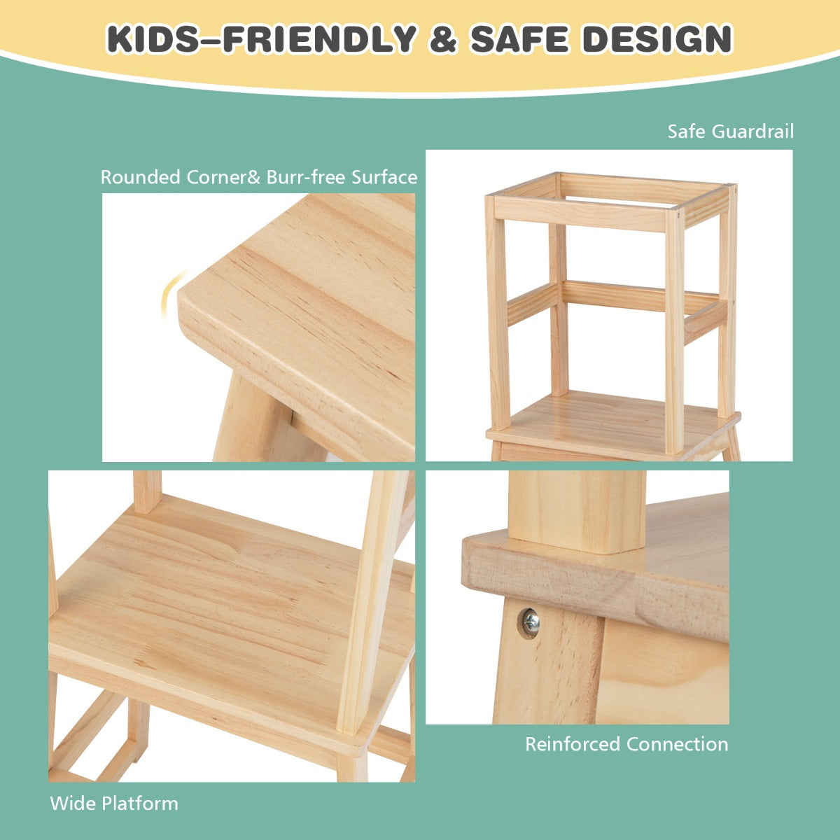 2-in-1 Wooden Kids Kitchen Step Stool with Safety Rails-Natural