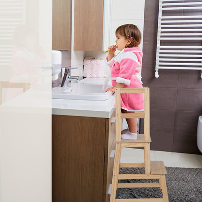2-in-1 Wooden Kids Kitchen Step Stool with Safety Rails-Natural
