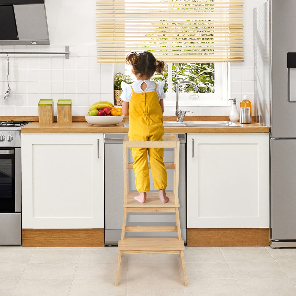 2-in-1 Wooden Kids Kitchen Step Stool with Safety Rails-Natural