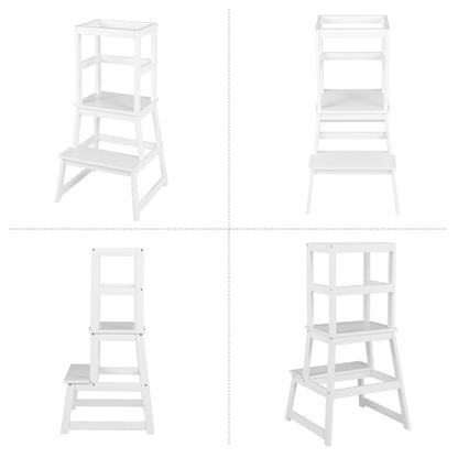 2-in-1 Wooden Kids Kitchen Step Stool with Safety Rails-White