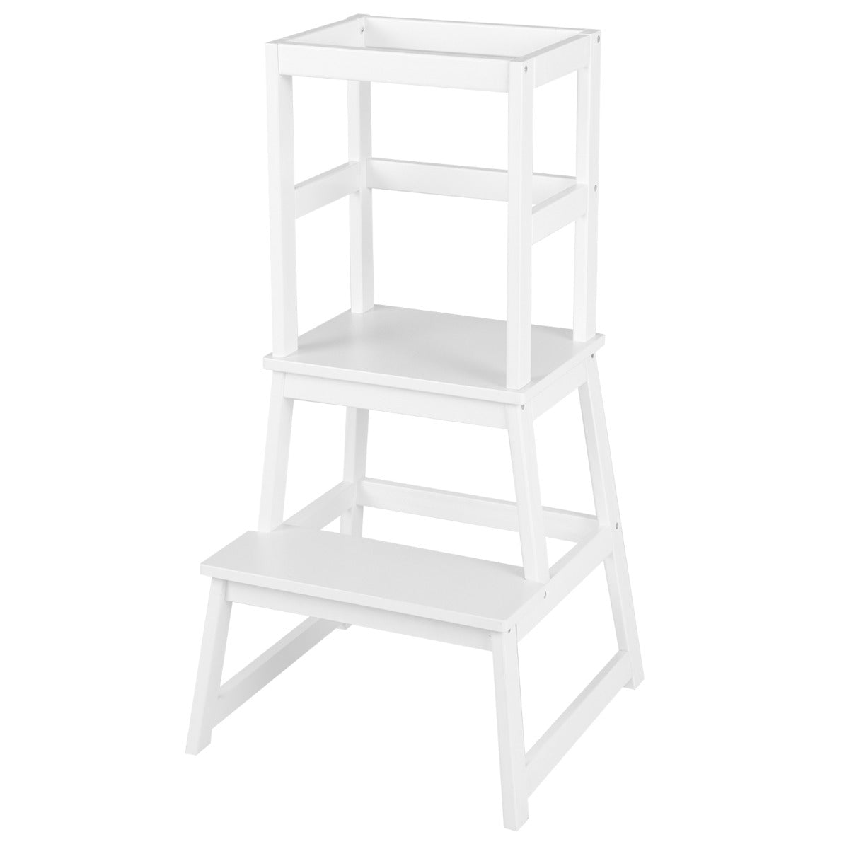 2-in-1 Wooden Kids Kitchen Step Stool with Safety Rails-White