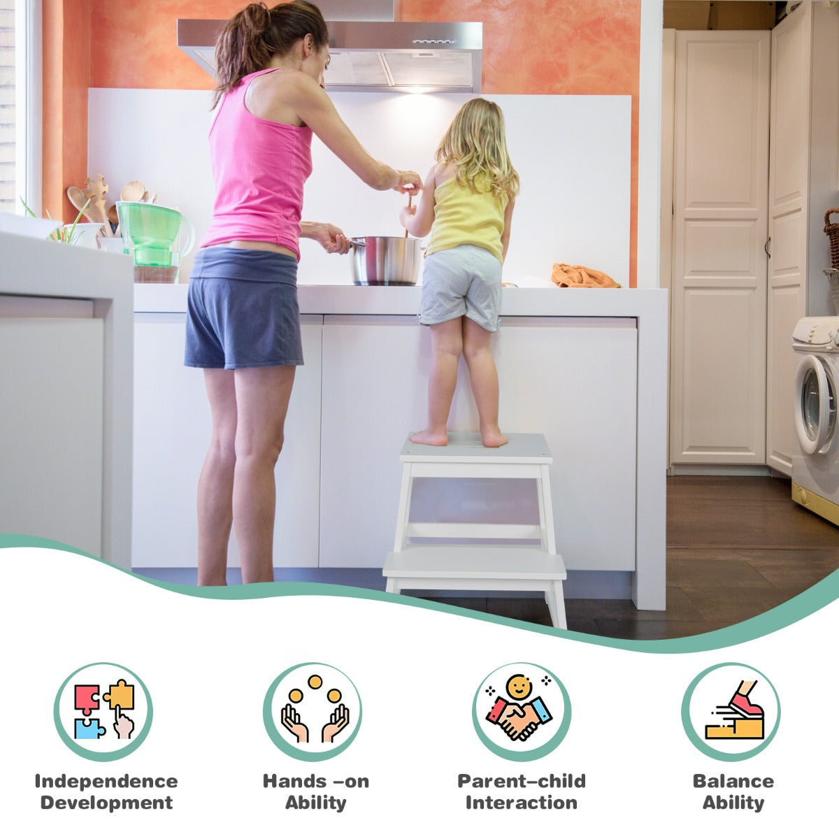 2-in-1 Wooden Kids Kitchen Step Stool with Safety Rails-White
