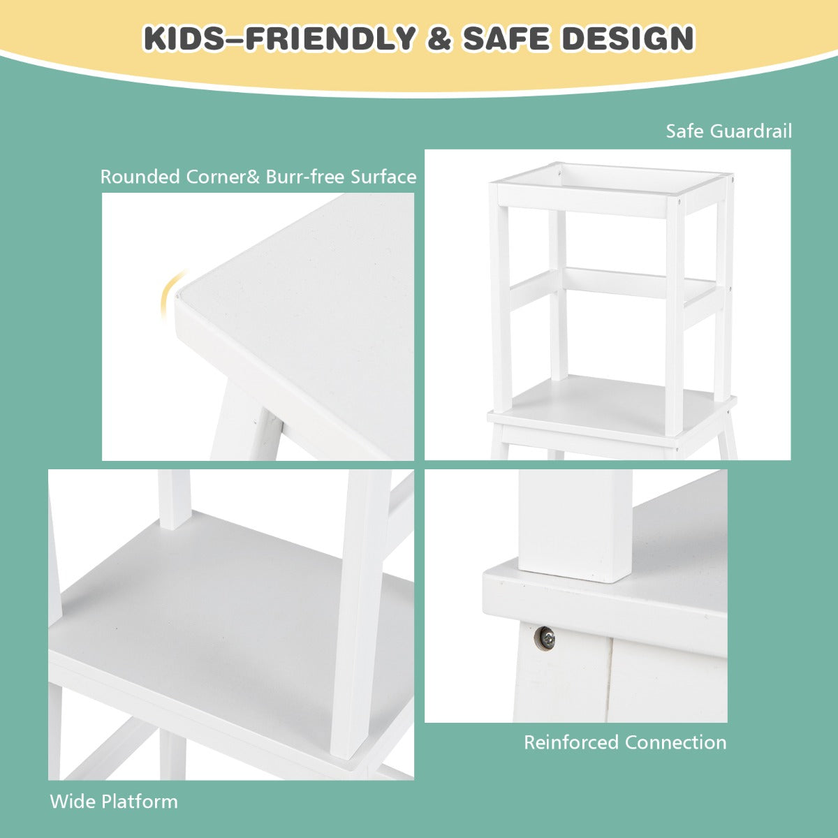 2-in-1 Wooden Kids Kitchen Step Stool with Safety Rails-White
