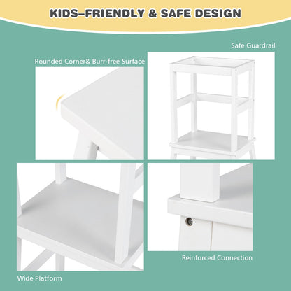 2-in-1 Wooden Kids Kitchen Step Stool with Safety Rails-White
