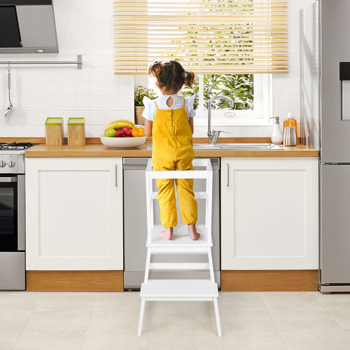 2-in-1 Wooden Kids Kitchen Step Stool with Safety Rails-White