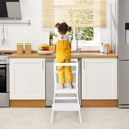 2-in-1 Wooden Kids Kitchen Step Stool with Safety Rails-White