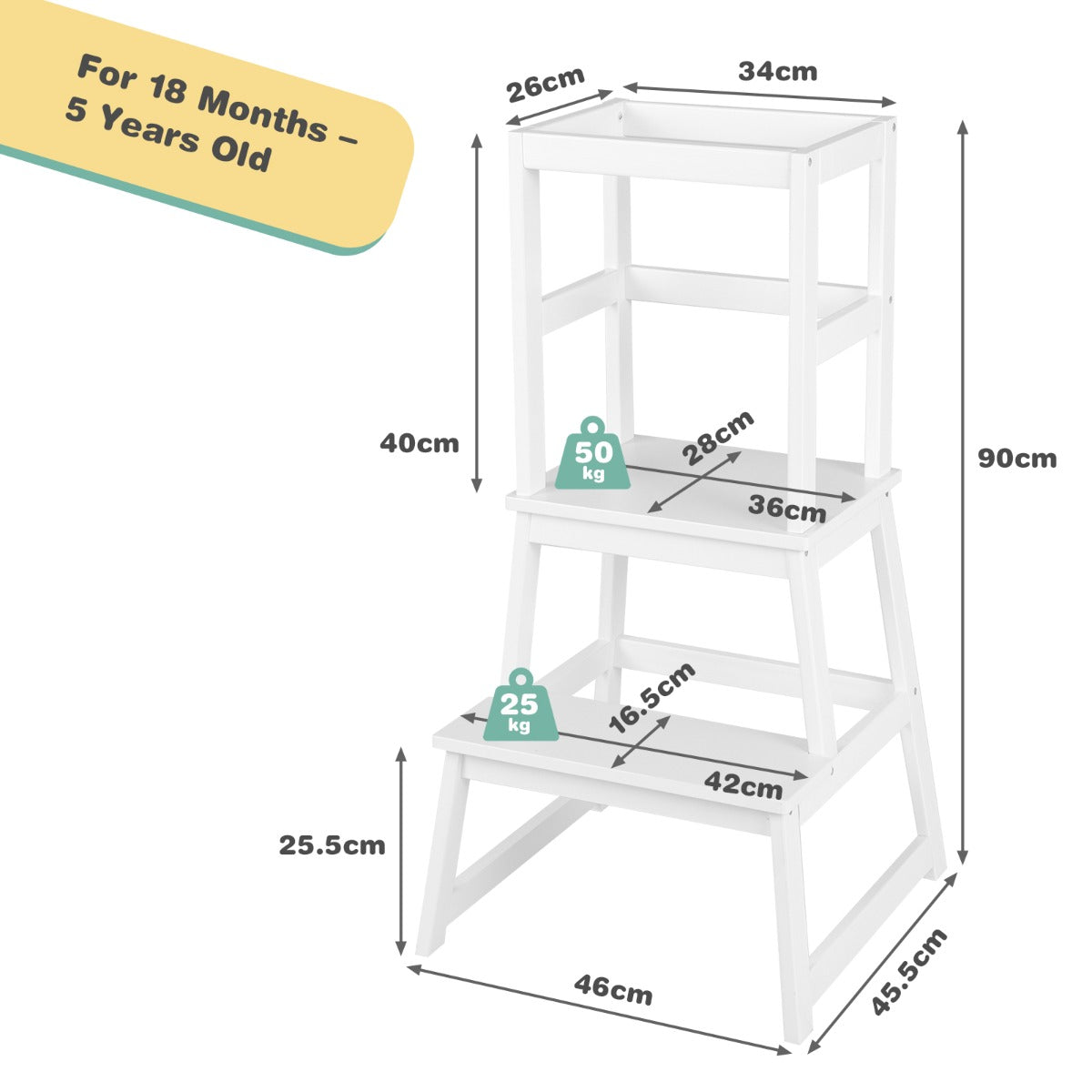 2-in-1 Wooden Kids Kitchen Step Stool with Safety Rails-White