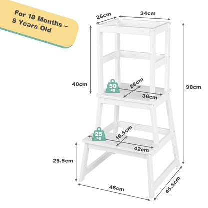 2-in-1 Wooden Kids Kitchen Step Stool with Safety Rails-White