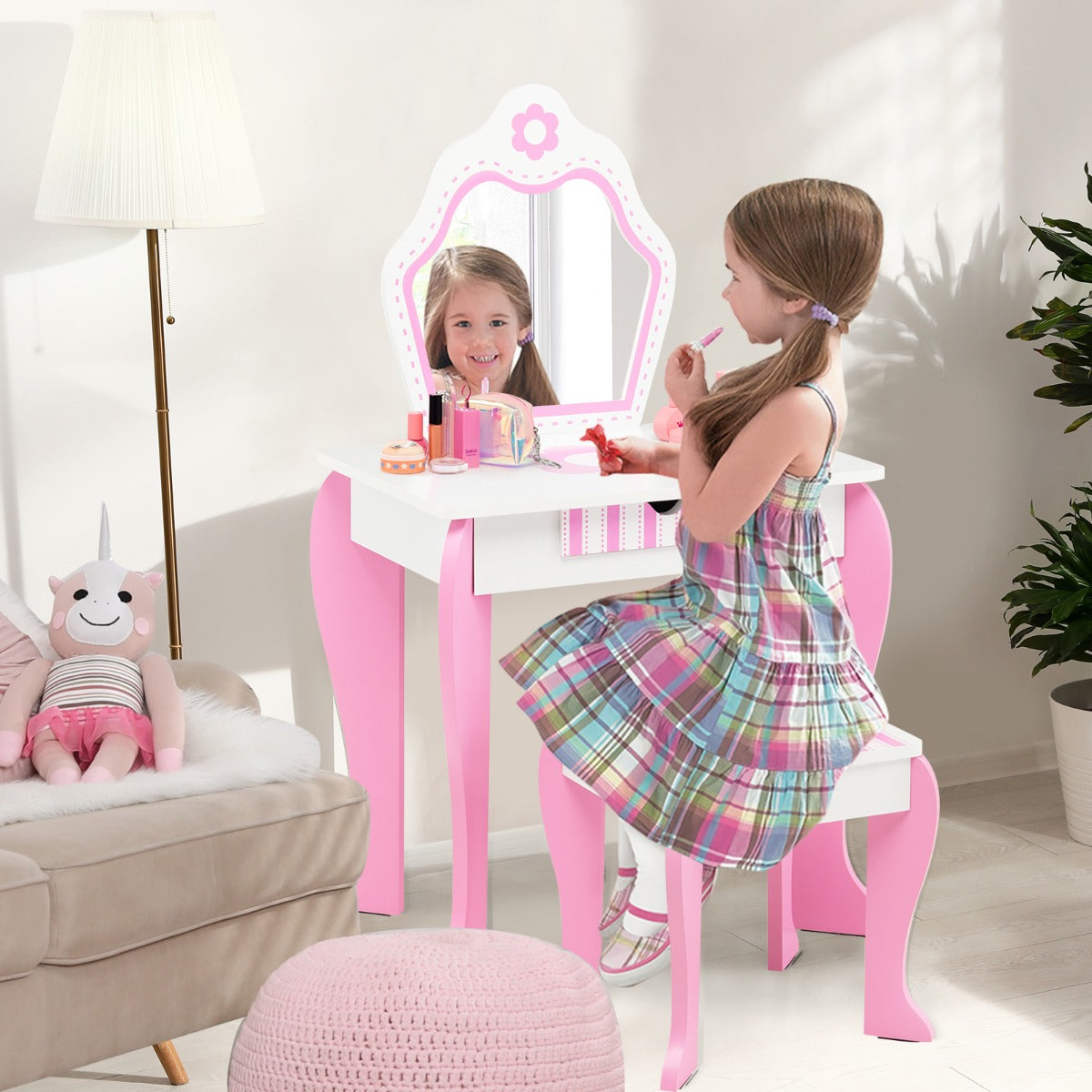 Costway Kids Vanity Table & Stool Set with Mirror & Drawer