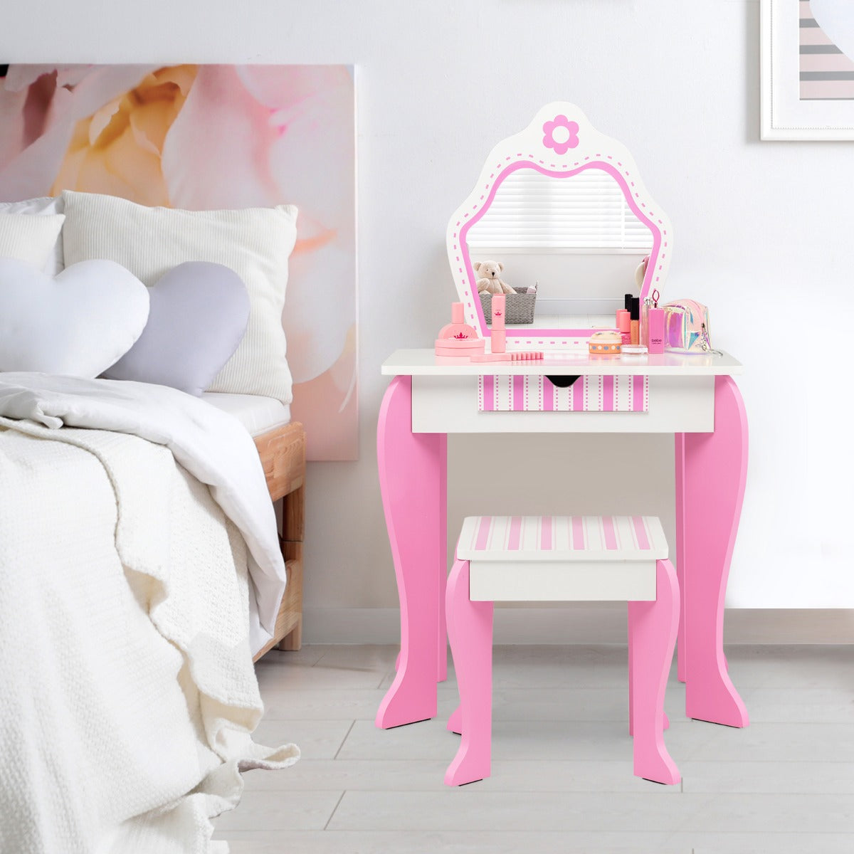 Costway Kids Vanity Table & Stool Set with Mirror & Drawer