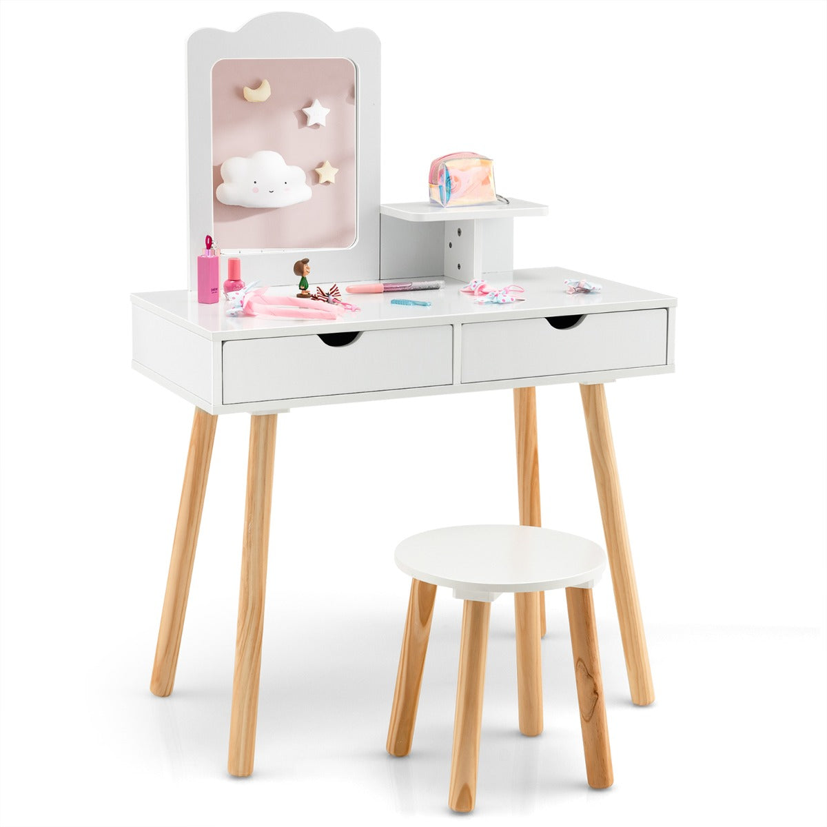 Costway 2-in-1 Kids' Vanity Set with 1 Rectangular Mirror & 2 Large Drawers