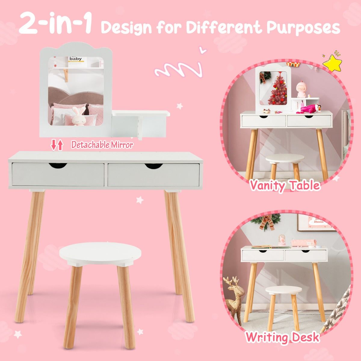 Costway 2-in-1 Kids' Vanity Set with 1 Rectangular Mirror & 2 Large Drawers