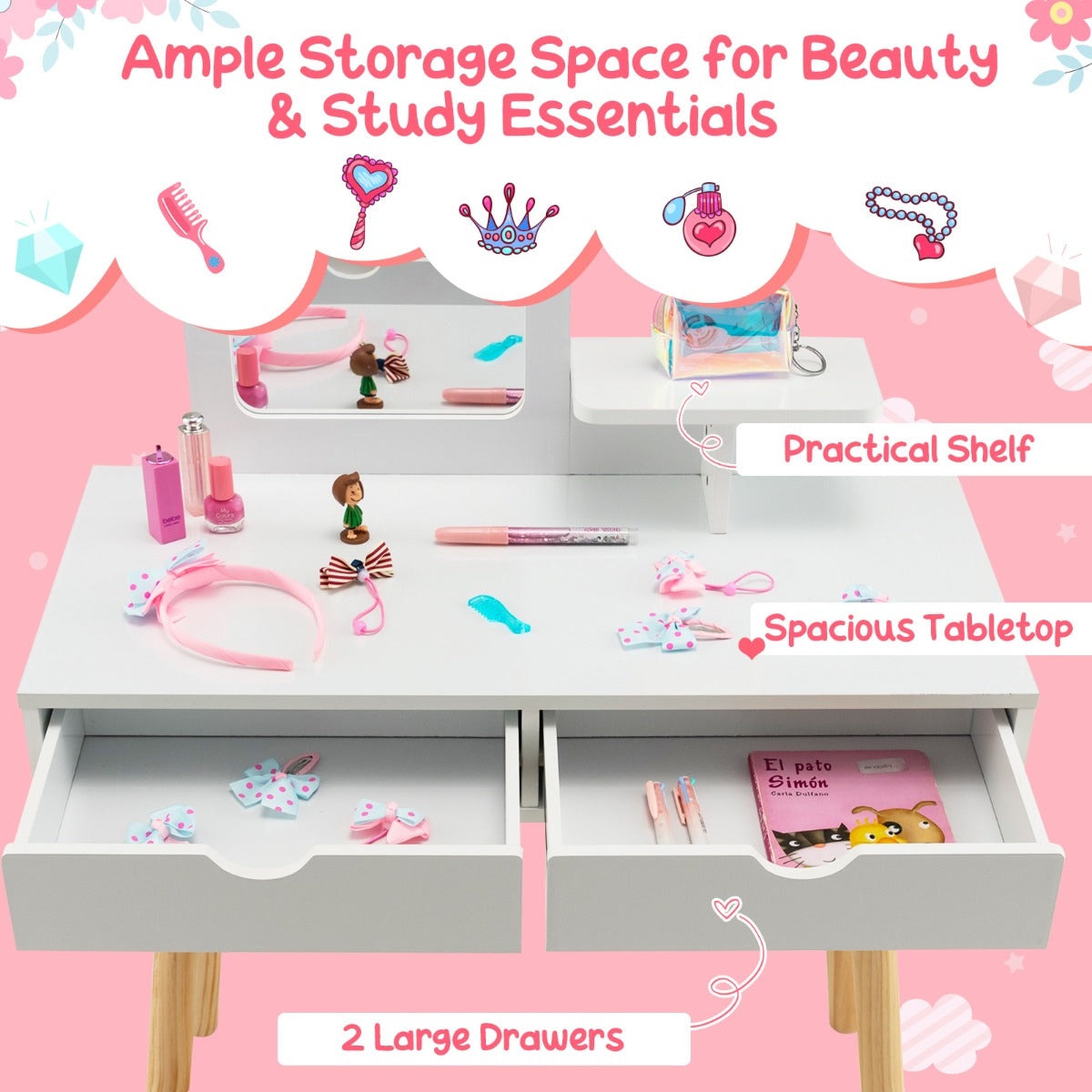Costway 2-in-1 Kids' Vanity Set with 1 Rectangular Mirror & 2 Large Drawers